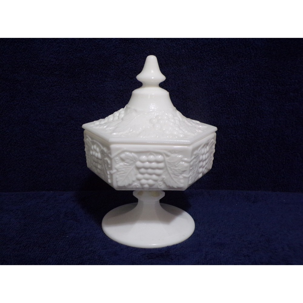 Imperial Glass Grape Vines Hexagonal Lidded Pedestal White Glass Dish w/Lid Vtg.